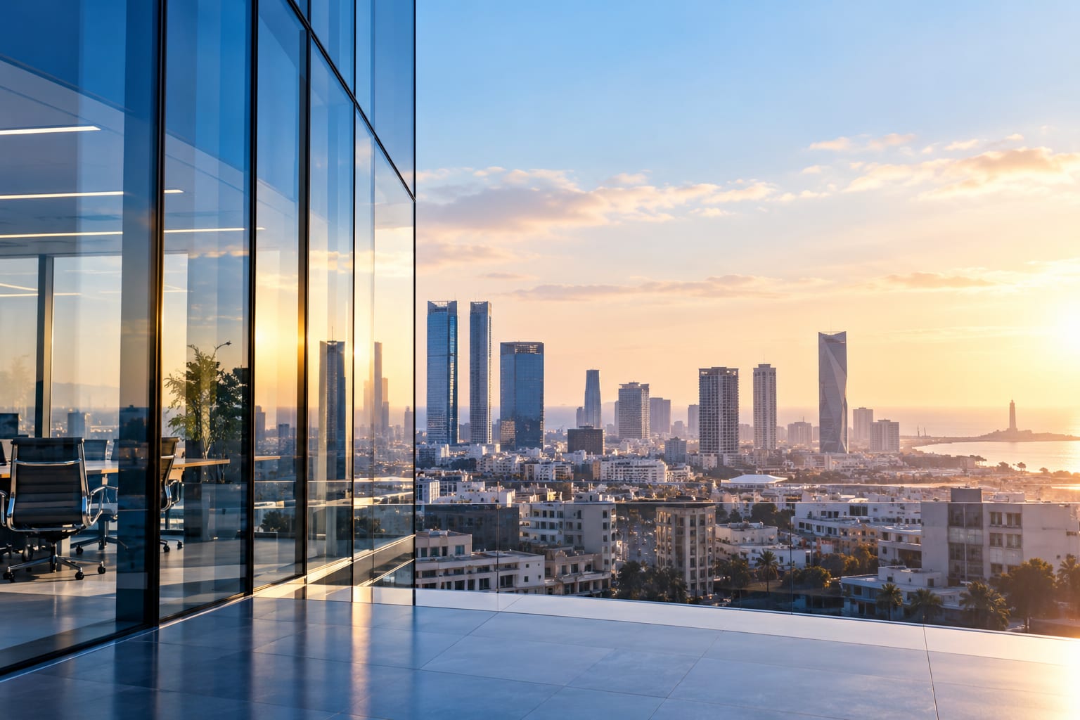 Bureau vitré donnant sur une ville au coucher du soleil