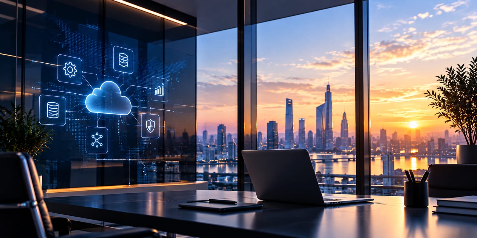 Salle de réunion avec un visuel cloud et une vue sur la ville