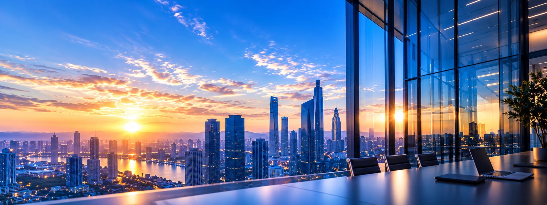 Salle de réunion avec vue sur la ville au lever du soleil
