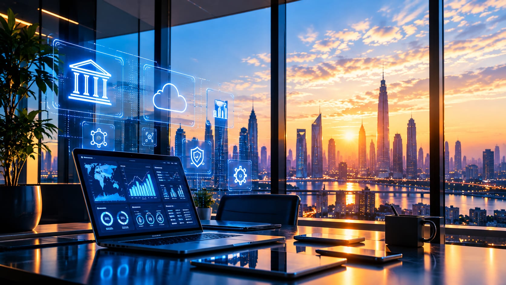 Poste de travail bancaire avec interfaces digitales et vue sur la ville