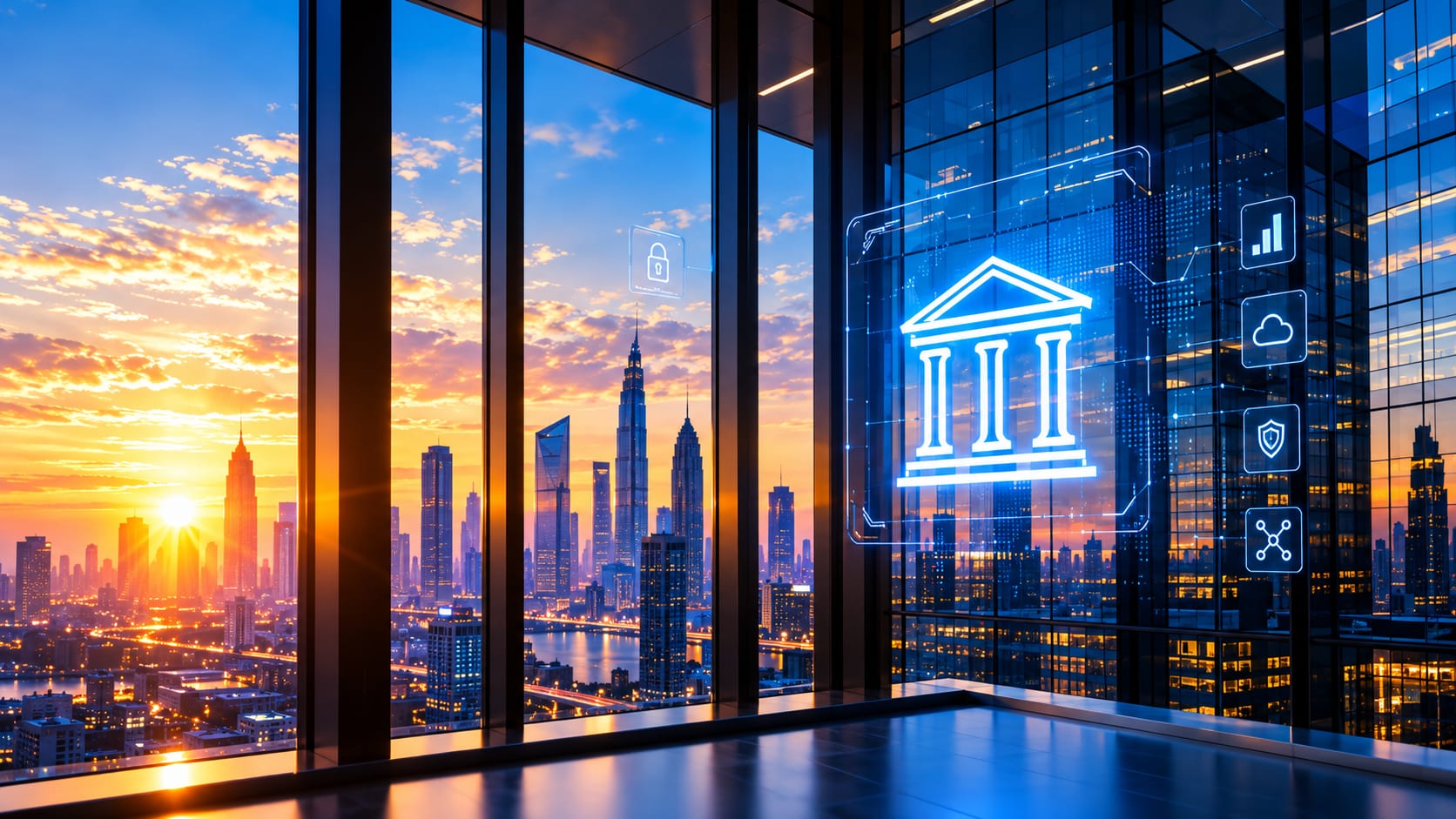 Siège bancaire vitré au soleil couchant